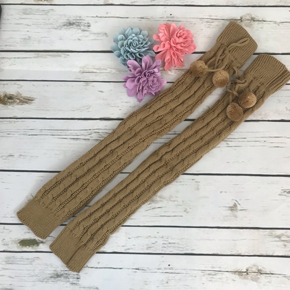 Knit Thigh High Leg Warmers with Pom Poms - Picture 5 of 8